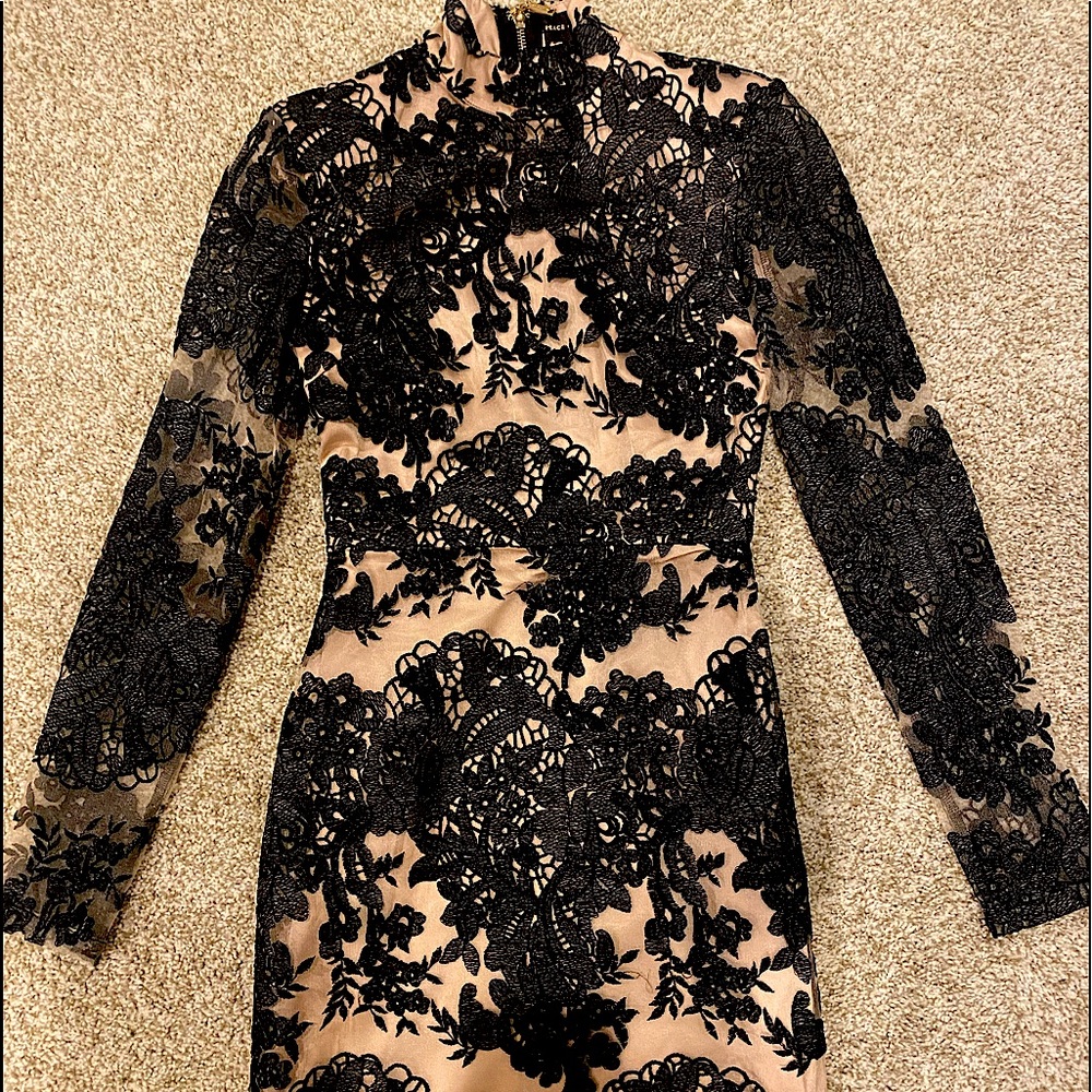 Gold/Nude Peace + Love dress with black lace detailing